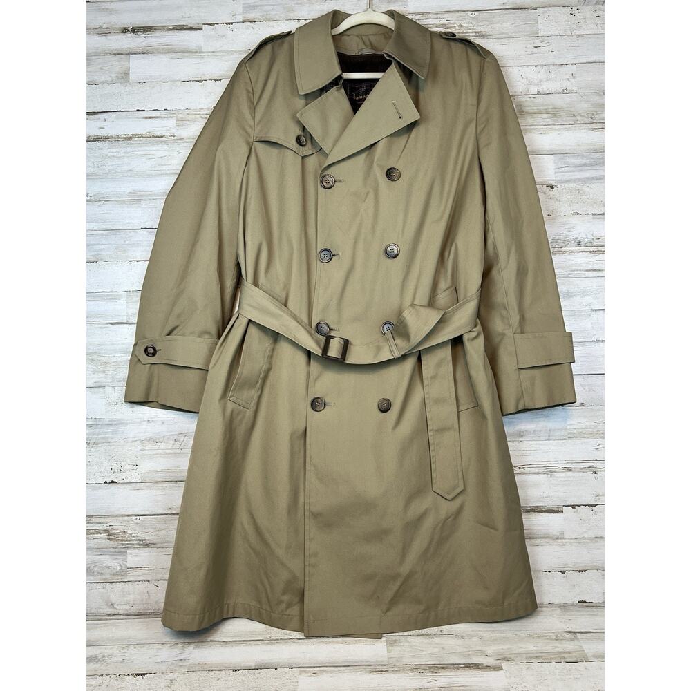Vtg USA Botany 500 Men’s Tan Trench Coat Double Breasted Belted Lined Size 44R